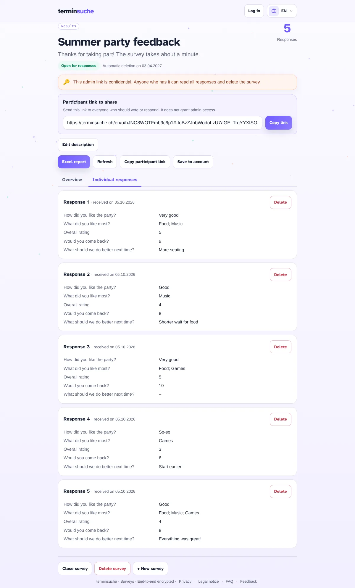 List of individual responses