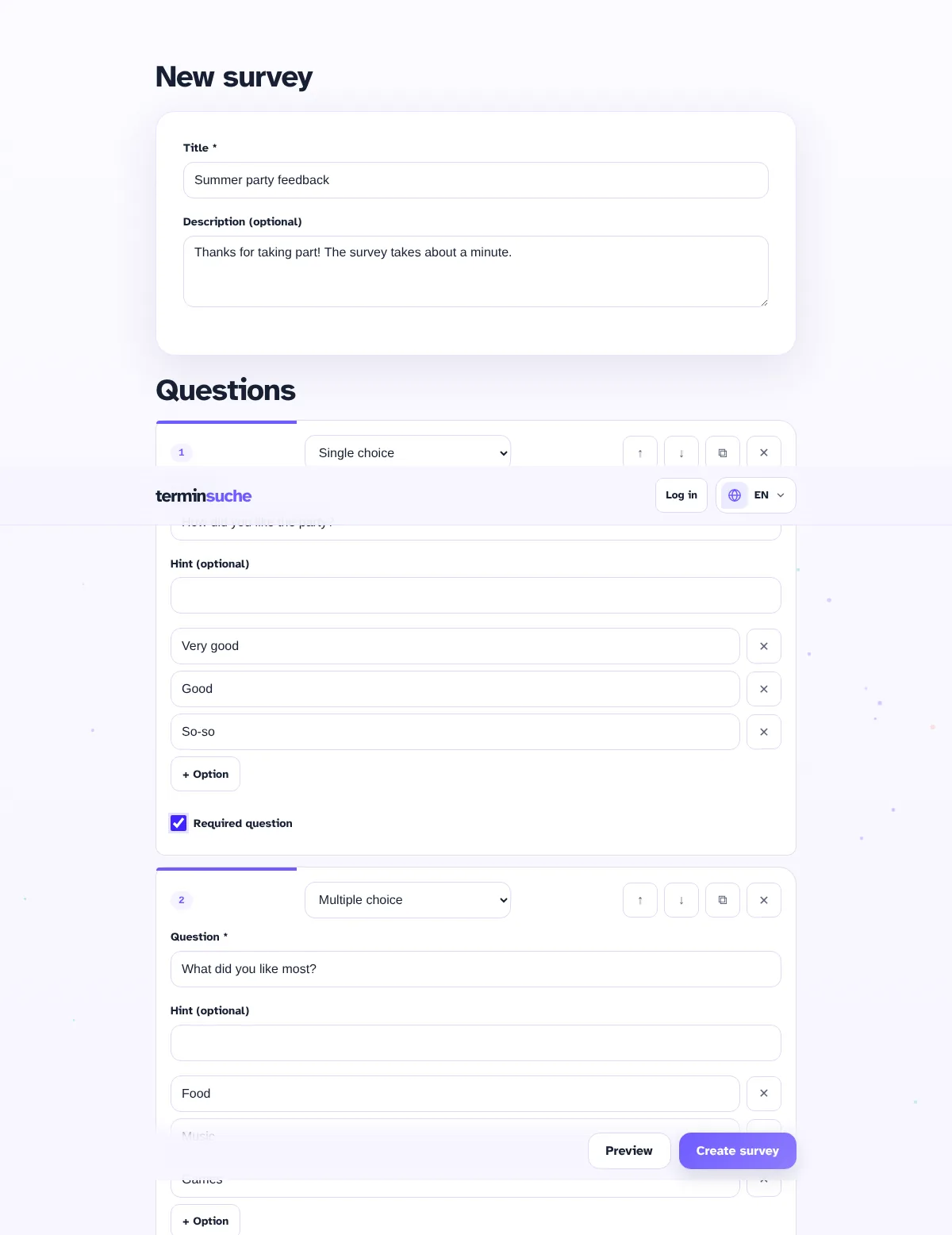 Questionnaire in the editor: title, description and questions