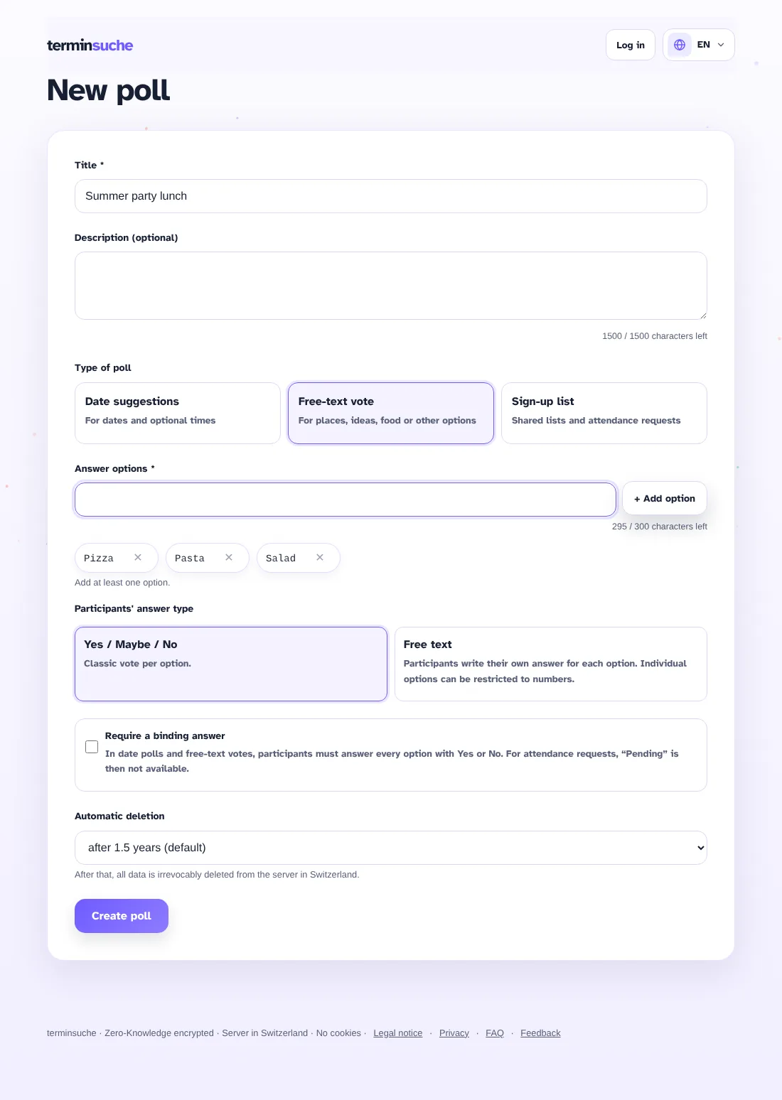 Form for creating a free-text vote with three options