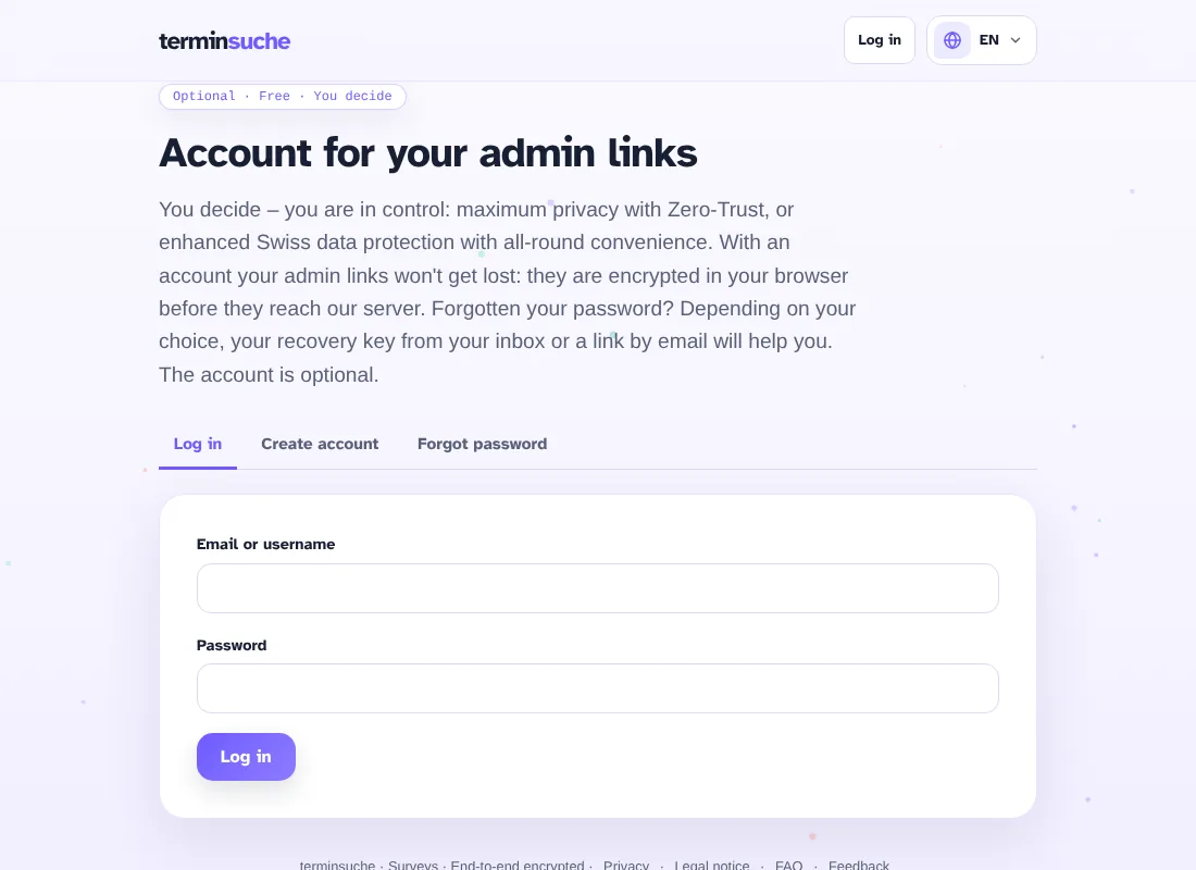 Account page with log in and create account