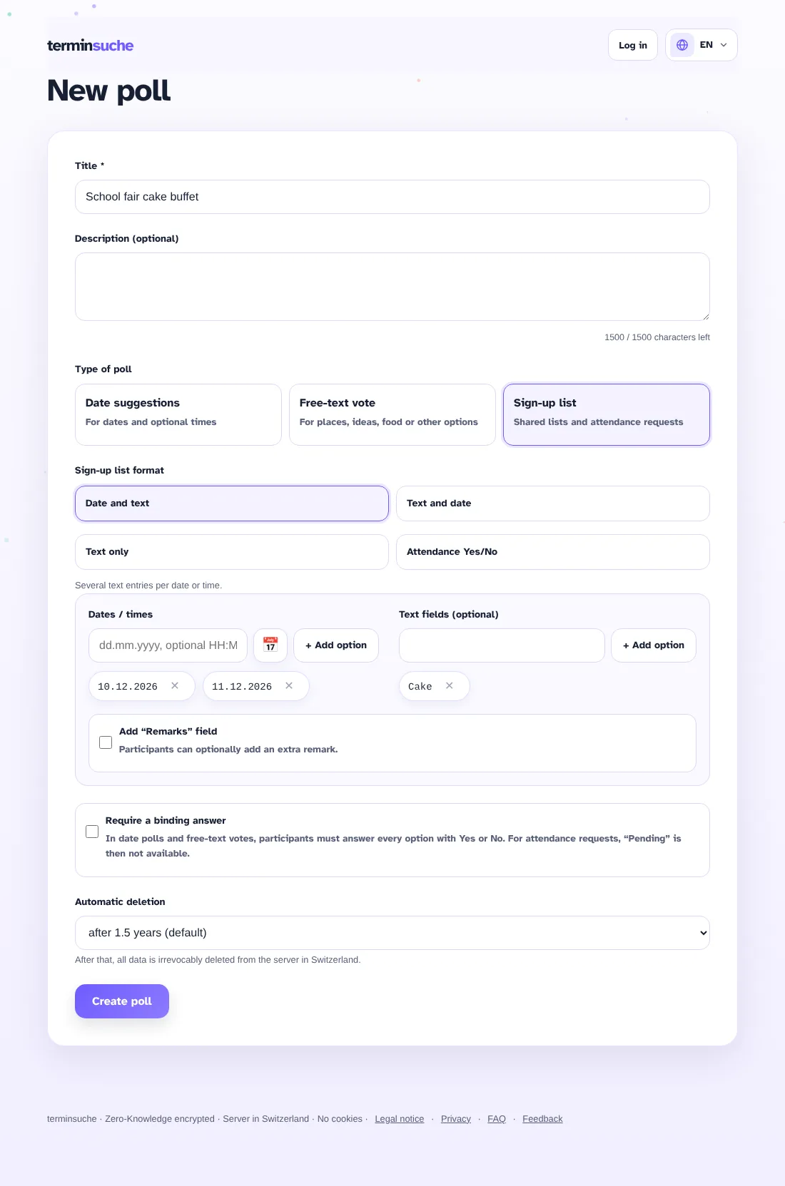 Form for creating a sign-up list with dates and texts