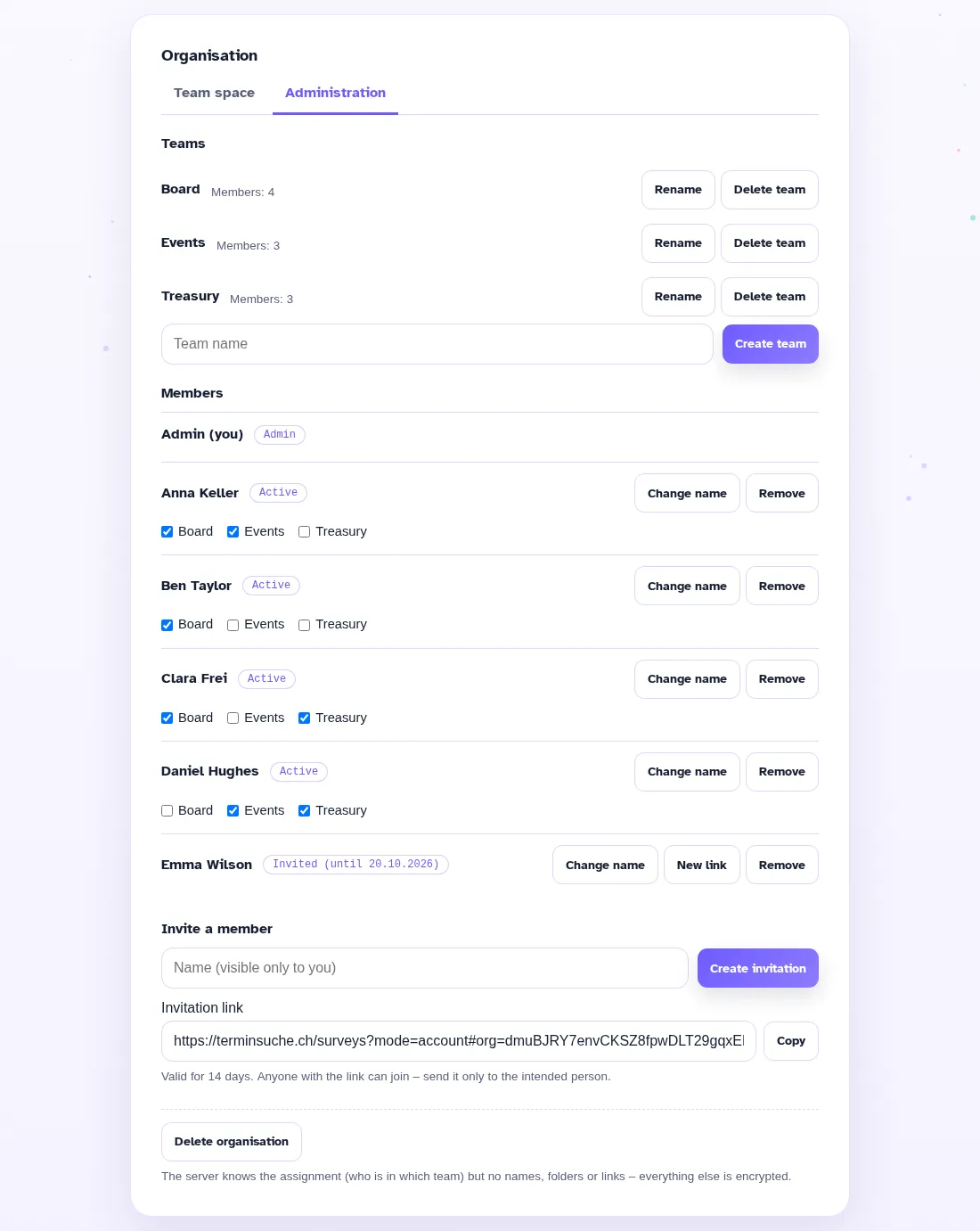 Organisation administration with three teams, members and an invite link